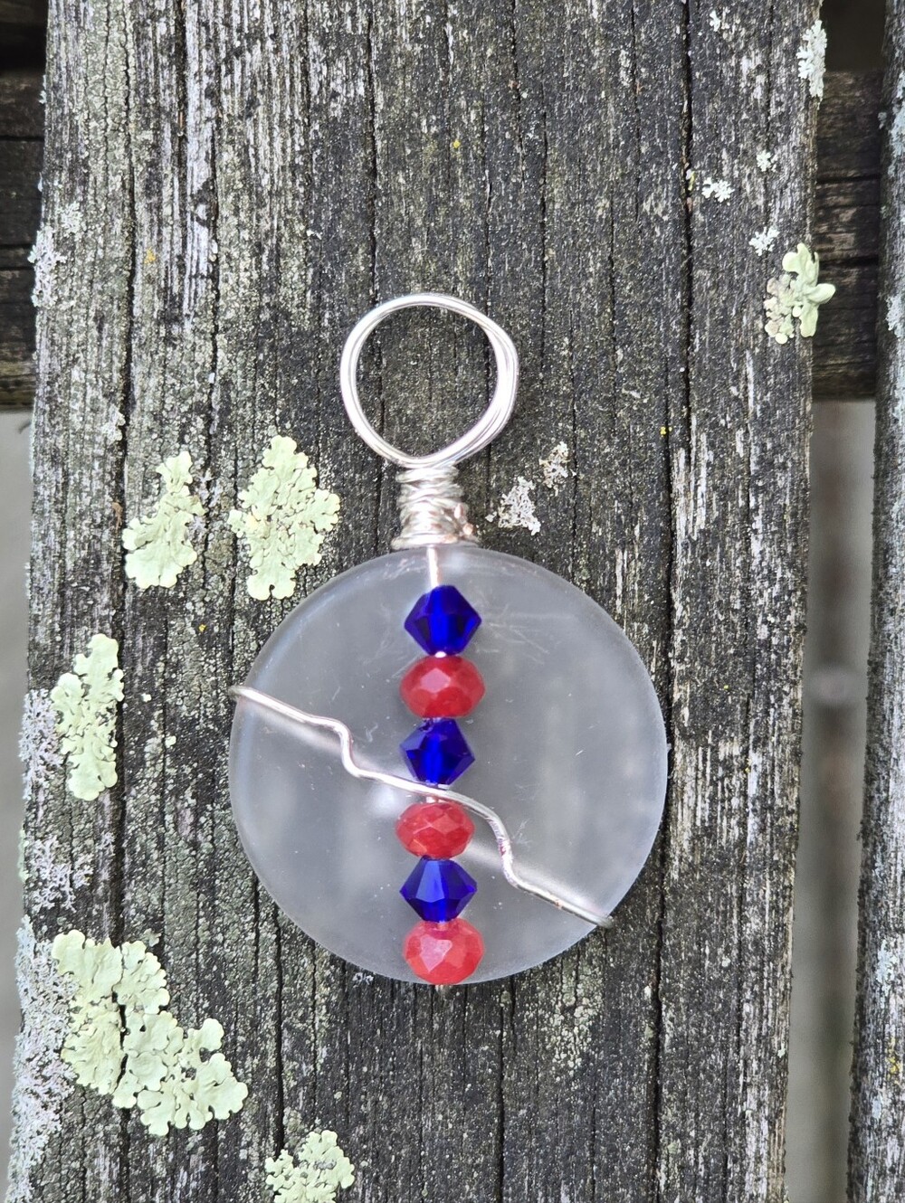 Handmade Frosted Glass Pendant with Red & Blue Beads